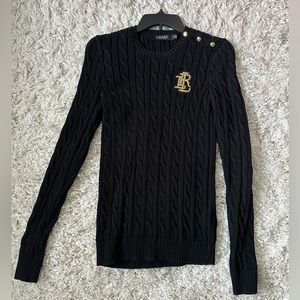 Ralph Lauren black cable sweater with gold buttons for sale